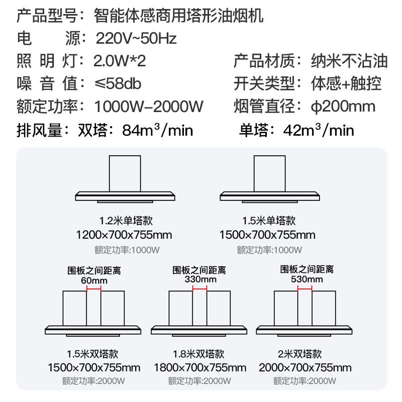 [2400W免清洗]欢呼好太太商用抽油烟机大吸力塔型顶吸式饭店食堂农村土灶柴火灶排烟机吸油机双机头黑色1.5米自行安装图片