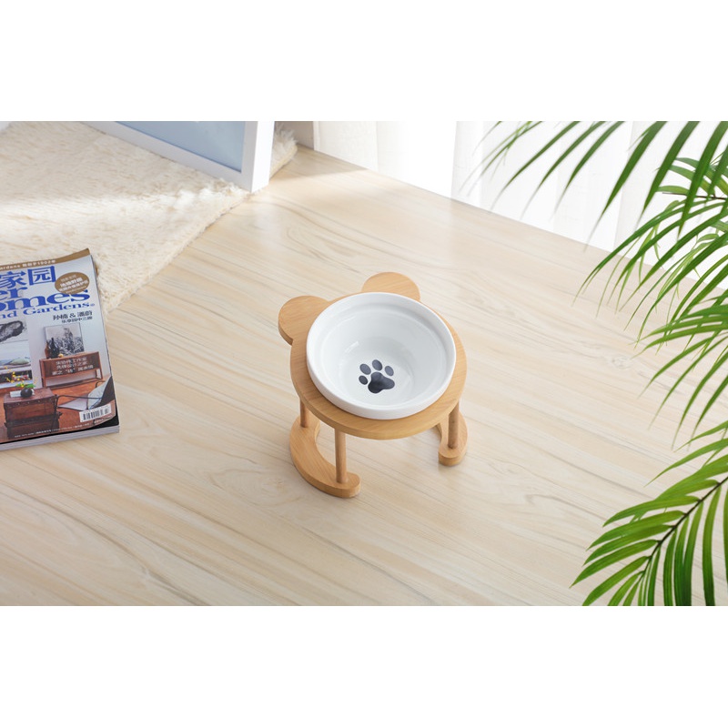 猫碗高脚猫咪喂食碗保护颈椎斜口狗碗可爱猫盆双碗陶瓷饮水宠物 可爱竹木黑脚印+单碗套装 猫咪/小型犬