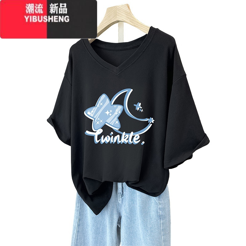 YIBUSHENG胖mm短袖T恤女季2024新款大码女装宽松显瘦正肩半袖V领上E高清大图