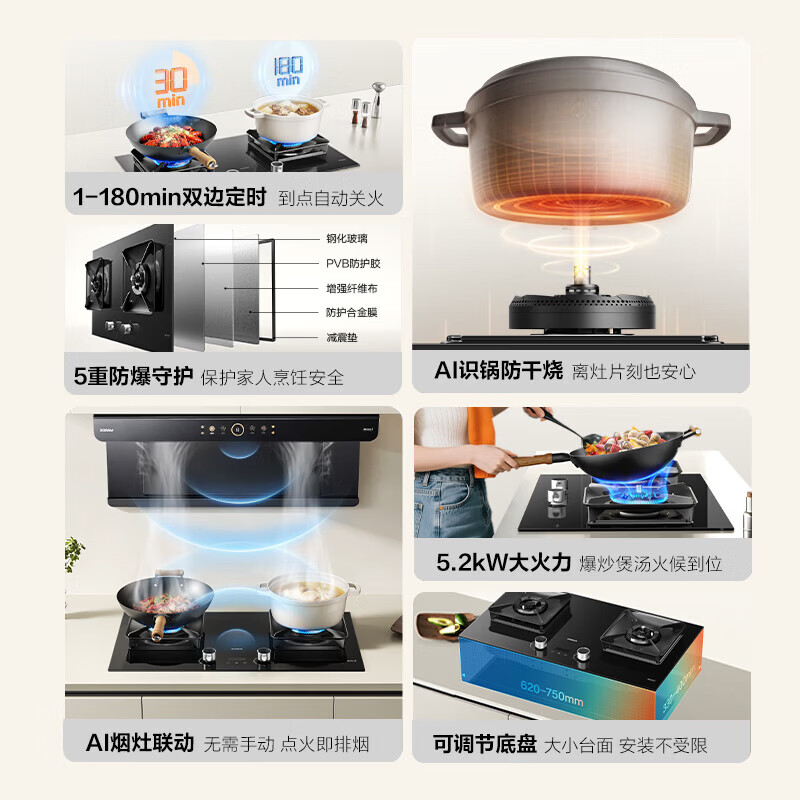 老板(Robam)[定时+联动+防干烧]JZY-51B0AS燃气灶液化气4.8kW火力煤气灶68%热效率灶具猛火灶台高清大图