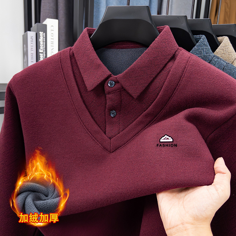 含羊毛假两件男士毛衣爸爸装秋冬季新款加绒保暖翻领打底针织衫男高清大图