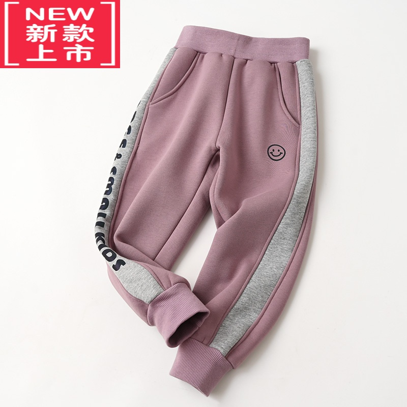 可莉允儿童加绒卫裤 一体绒男女童笑脸运动裤中大童保暖长裤子冬款 童装保暖裤