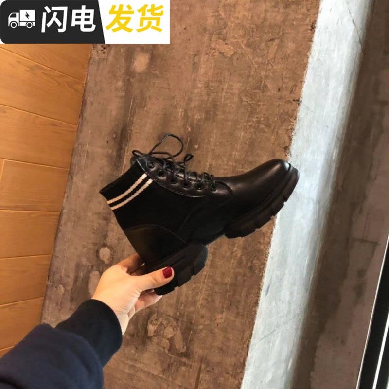  冬装新款时尚复古拼接pu皮增高马丁靴厚底松糕单靴女鞋子启如女士高帮鞋图片