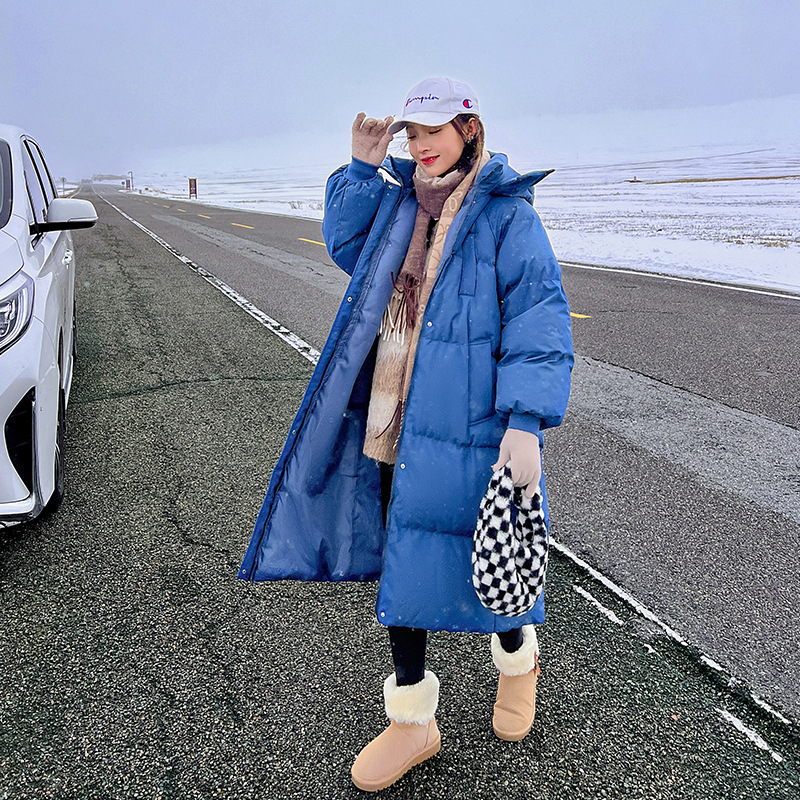 过膝棉衣女装2023年新款潮冬季加厚棉服宽松长款上衣韩版外套 蓝色 M