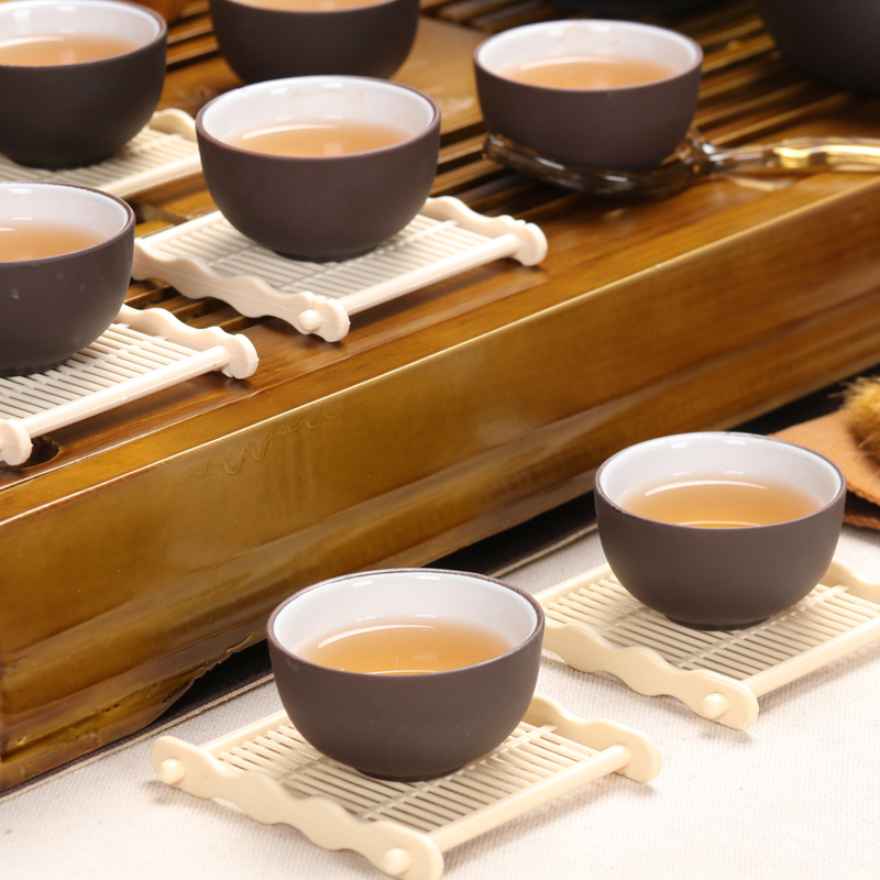 百鸿(Baihong) 整套茶具家用功夫紫砂茶壶茶杯实木茶盘 咖色小兰香内白紫砂茶具套装