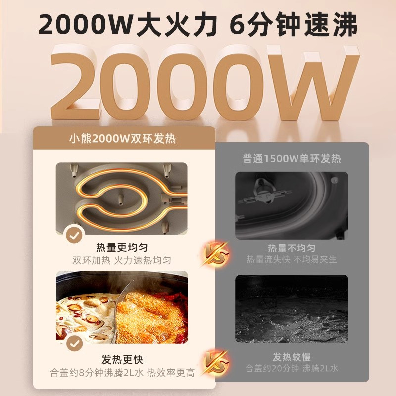 小熊(Bear)电火锅家用多功能电热锅鸳鸯锅6L多用途电煮锅电炒锅大容量电锅 6L米黄色鸳鸯锅