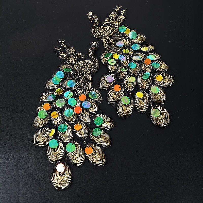 大号欧根纱钉珠孔雀刺绣布贴diy服装辅料衣服裤子外套装饰补丁贴刺绣