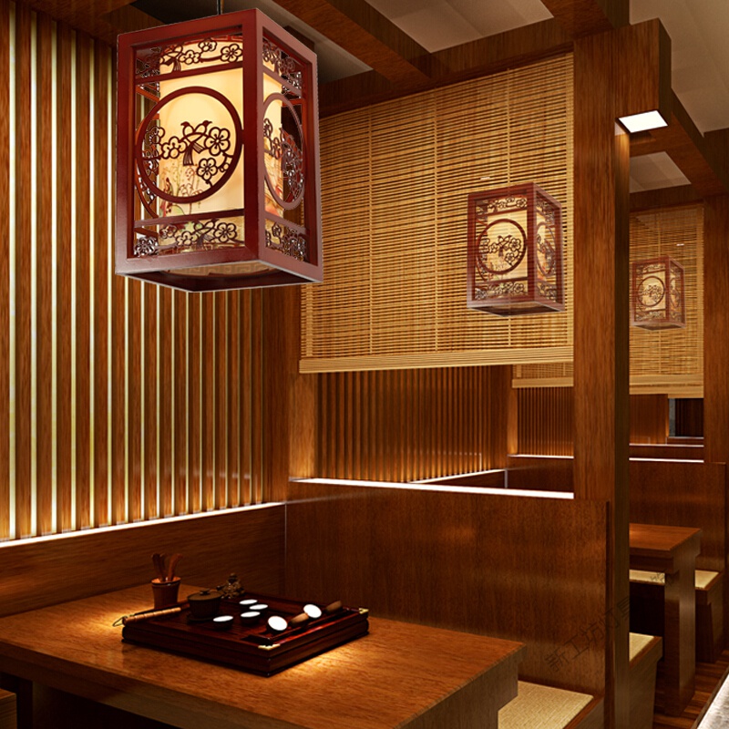 苏宁放心购 灯中式小吊灯茶楼餐厅走廊灯仿古火锅店阳台实木羊皮灯笼吊灯中国风高清大图