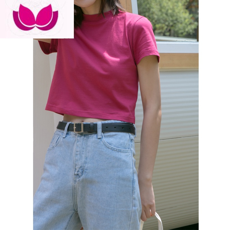 七斓 短款露脐短袖t恤女2023新款纯色简约棉白色圆领上衣