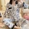 睡衣女春秋月子服纽扣开衫长袖可爱韩版学生可外穿女士家居服套装衫伊格 NNS【绿底凤梨】 M码（建议80-95斤）