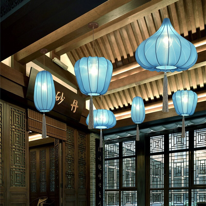 澳松 新中式小吊灯中国风火锅店餐厅饭店包厢禅意阳台复古布艺灯笼仿古风灯具
