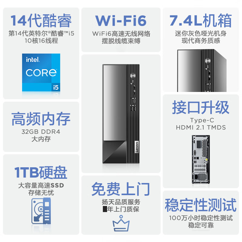 联想(Lenovo)扬天M4000q 台式机电脑整机(酷睿i5-14400 32G 1TB SSD Office Wifi Win11)23英寸显示器 商用办公家用学习 定制