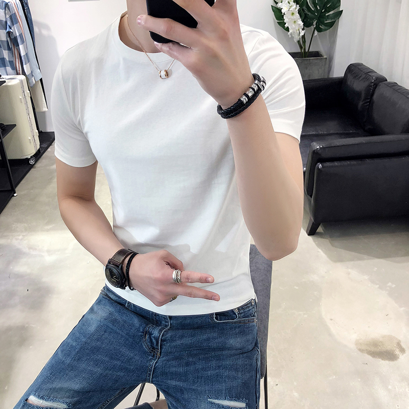 棉男士纯色打底衫夏款修身圆领短袖T恤青少年学生透气时尚摄影潮