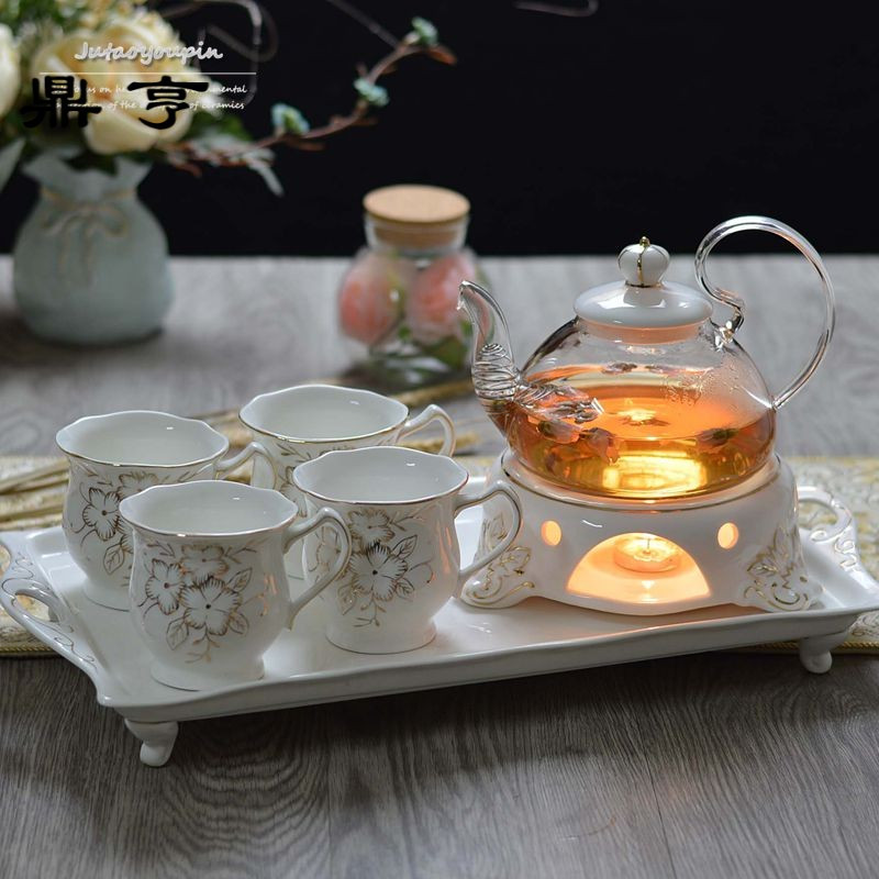 鼎亨欧式煮红茶水果茶壶套装带托盘 耐热陶瓷玻璃花茶具普洱可