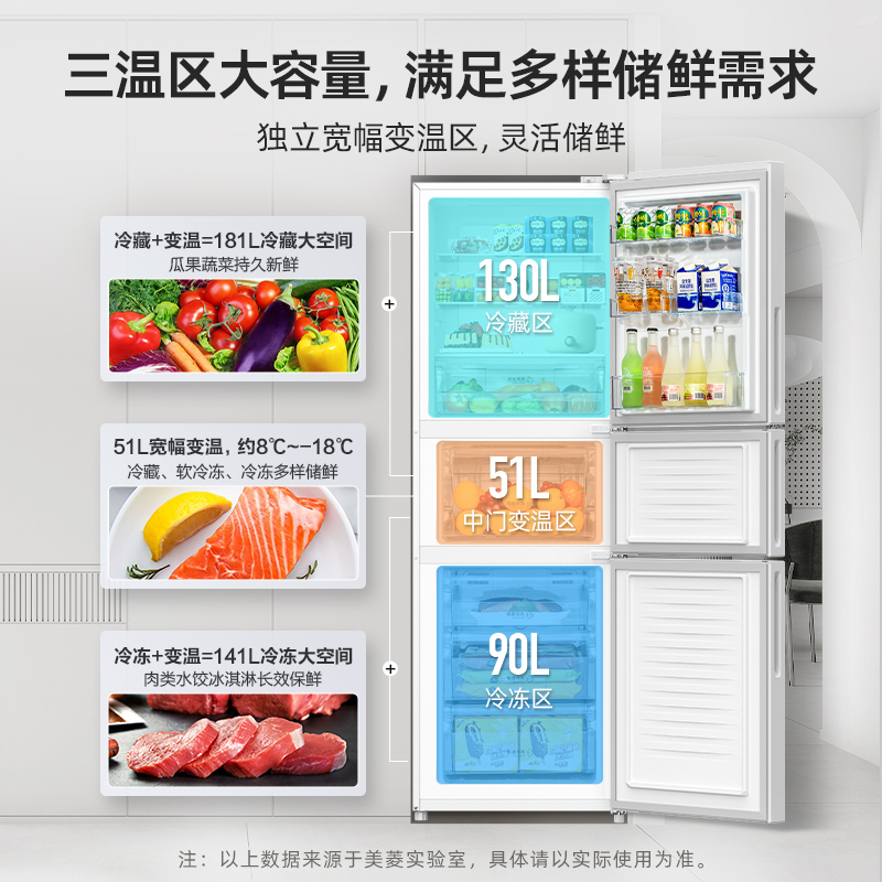 美菱(MELNG)271升三门冰箱风冷无霜双变频一级能效小电冰箱家用小型租房高清大图