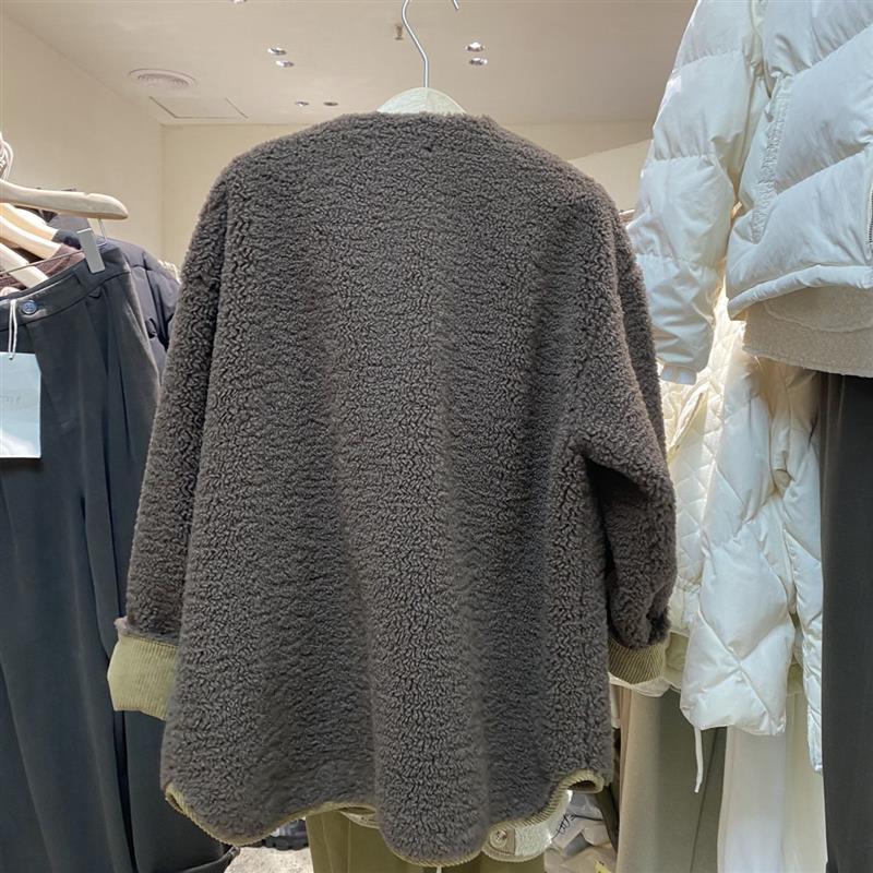 羊羔毛绒加厚短外套女皮毛一体秋冬新款圆领复古拼接韩版宽松棉衣