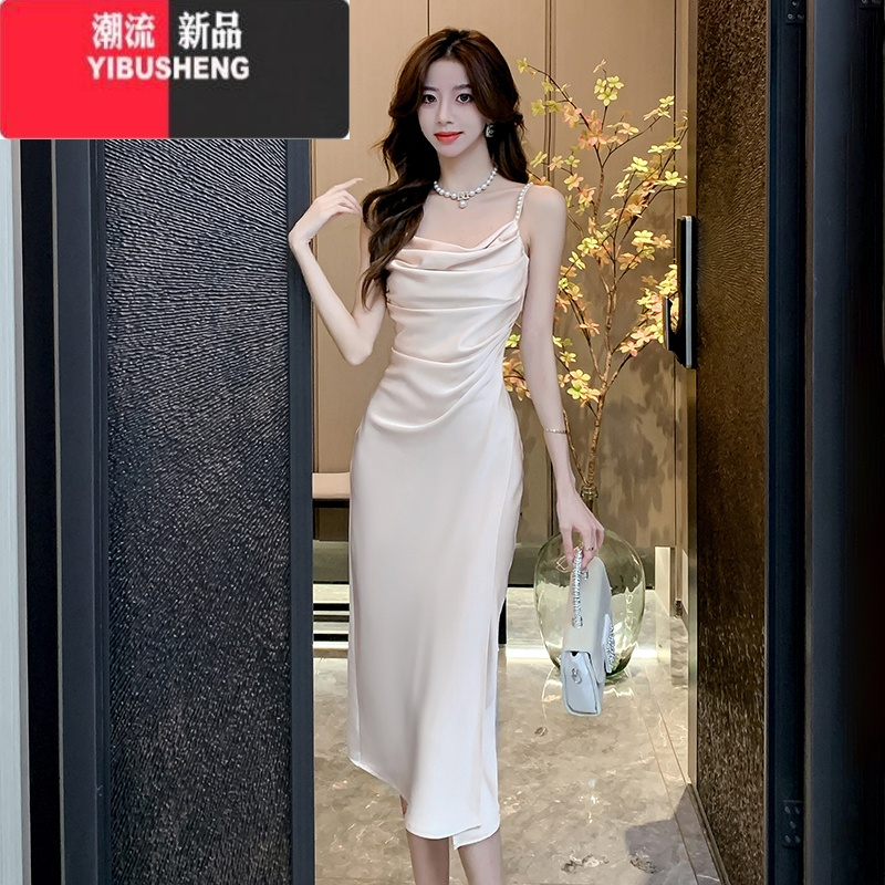 YIBUSHENG法式小众缎面吊带裙女季钉珠开叉气质连衣裙纯欲收腰修身包臀裙