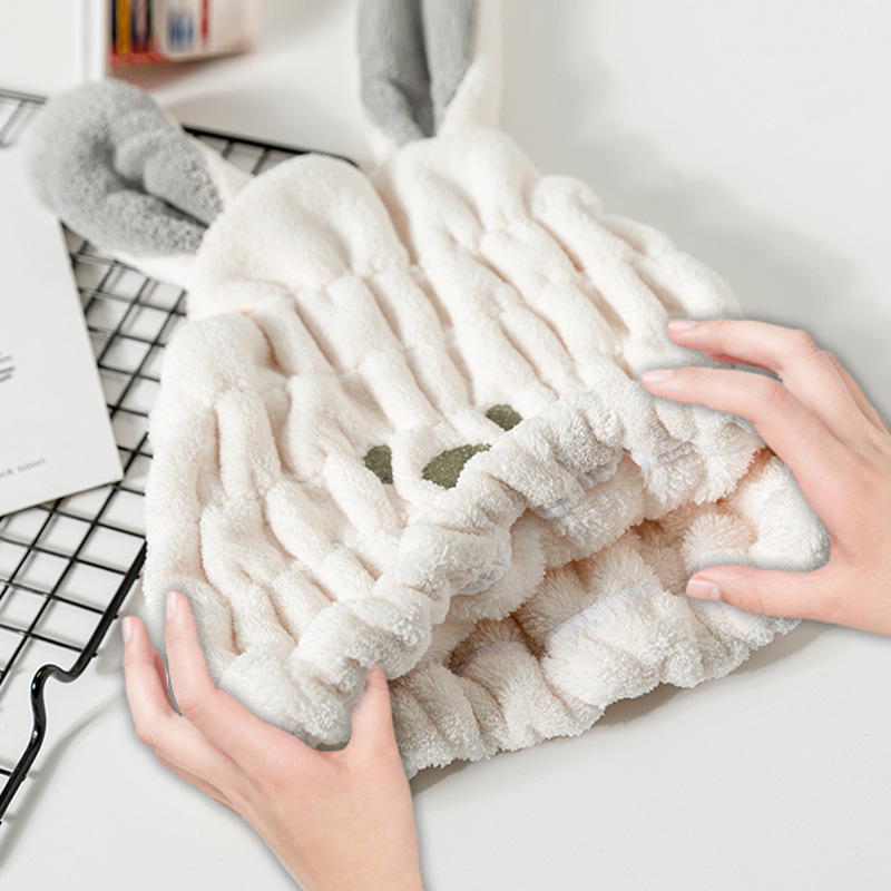 英仑风情卡通珊瑚绒纬编布卡通干发帽速干兔耳朵吸水儿童加厚浴帽