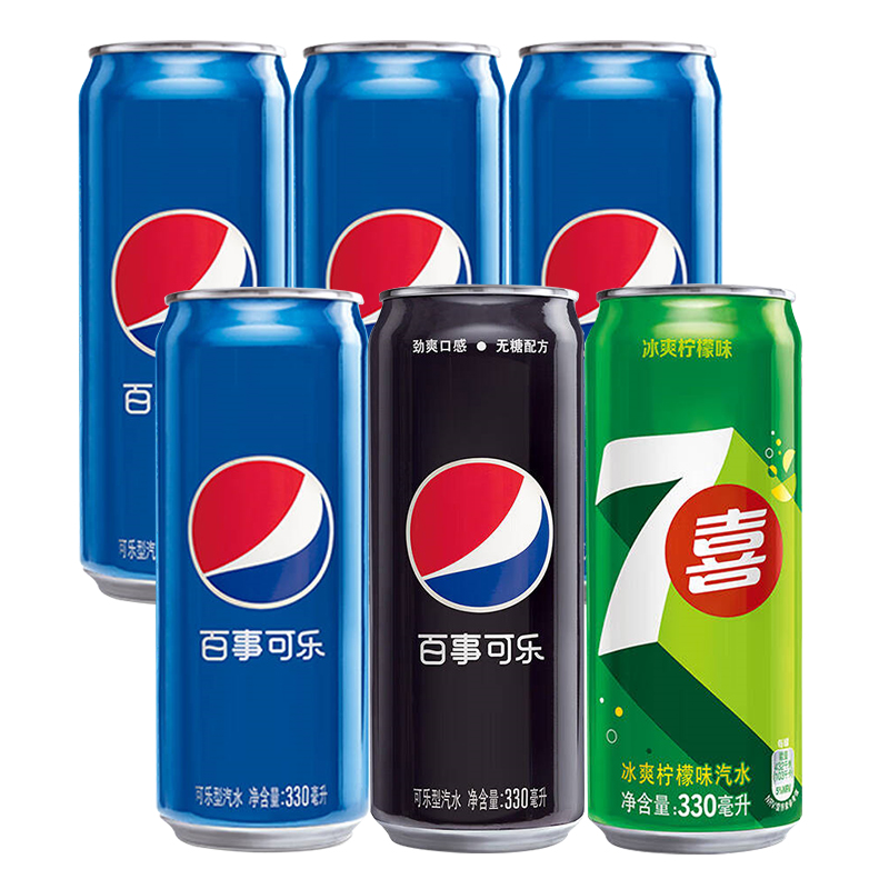 百事可乐 细长易拉罐 330ml* 6罐 混合装组 (百事 美橙 七喜 无糖四口味随机 )高清大图