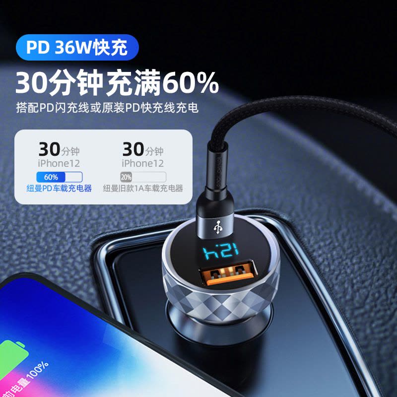 纽曼车载充电器头HC30 锖色迷你可爱小巧充电头双usb插孔手机快充汽车用多功能车充点烟插头QC3.0快充闪充无线图片