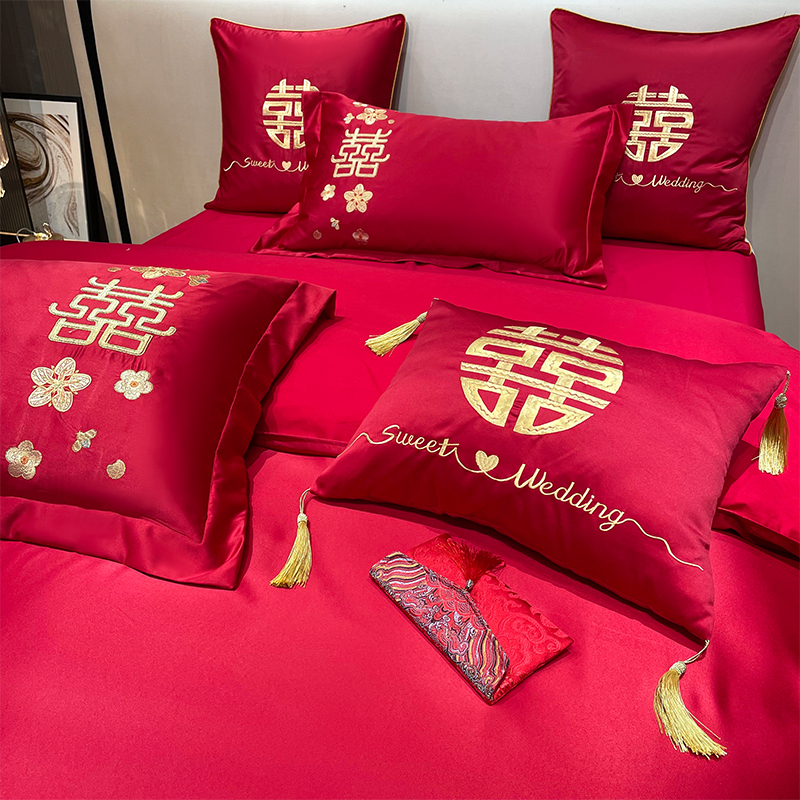 婚庆四件套全棉龙凤中式结婚大红色纯棉多件套刺绣新婚嫁床上用品