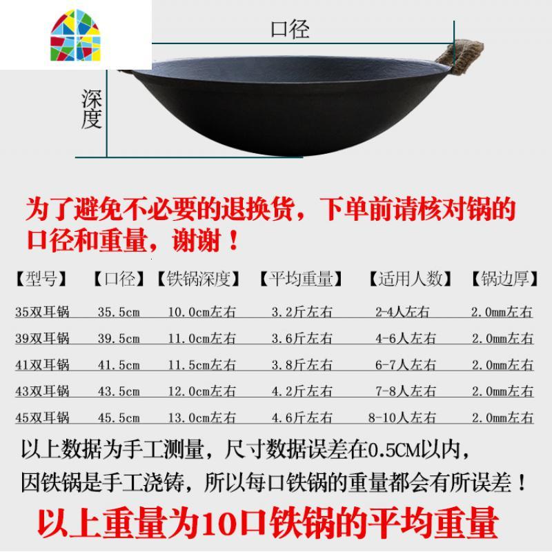 铁锅家用双耳炒锅传统老式生铁锅无涂层燃气灶铸铁锅圆底炒菜锅具 FENGHOU 54CM口径(无涂层生铁锅)