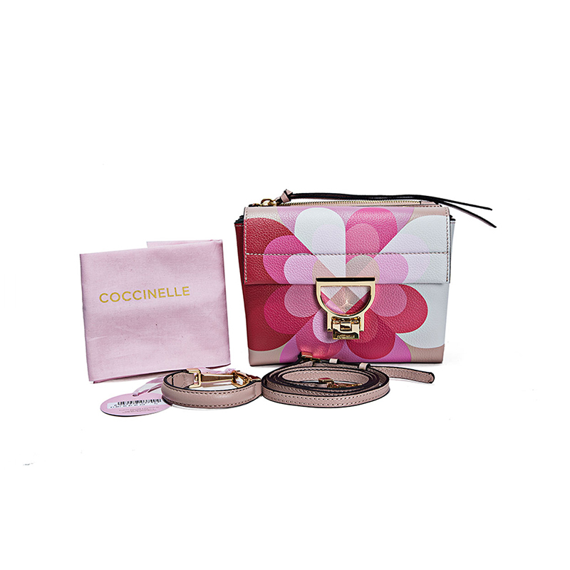 可西奈尔(COCCINELLE)女士牛皮荔枝纹印花手提单肩斜挎包E1B2155B750裸粉色高端女士手提包 