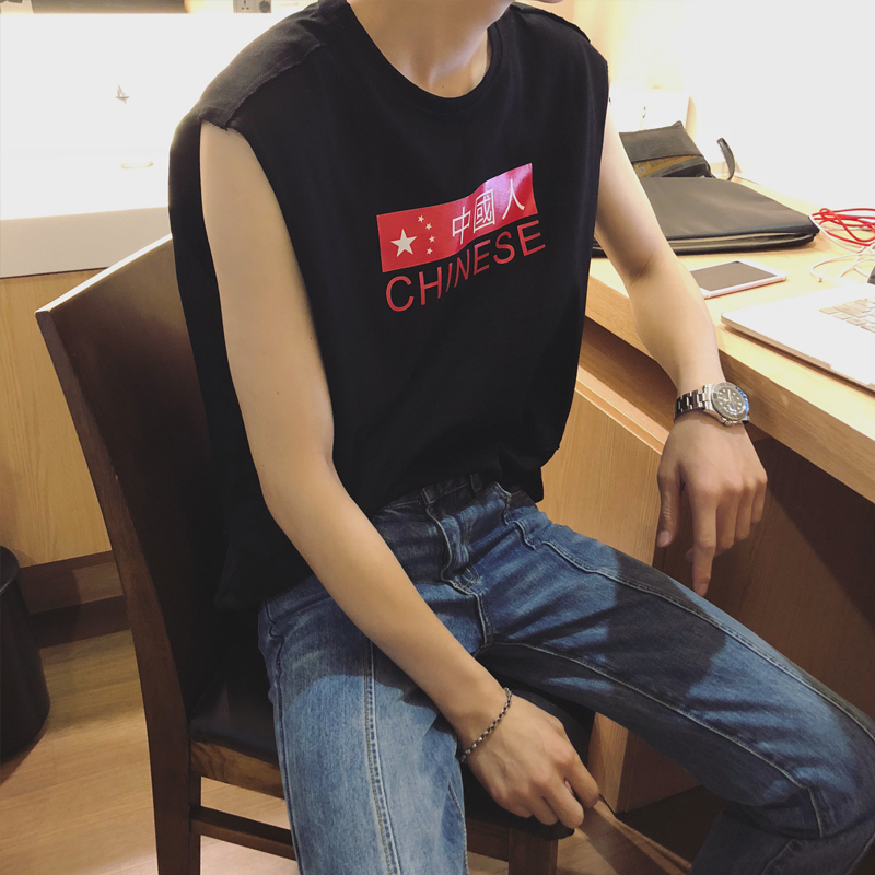 夏款新款文艺印花无袖T恤男士韩版圆领tee打底衫青少年运动背心潮