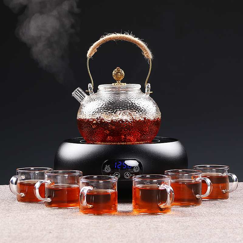 尚帝 电陶炉茶炉家用迷你铁壶煮茶炉不挑壶玻璃烧水壶煮茶 黑金刚鼓型触摸电陶炉捶纹玻璃圆趣茶壶茶杯套装