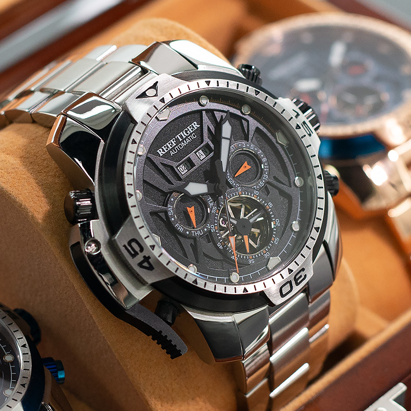 瑞夫泰格(reef tiger)正品多功能全自动机械表男士防水大表盘夜光精钢镂空手表大气男表 RGA3532 本色黑面橙针