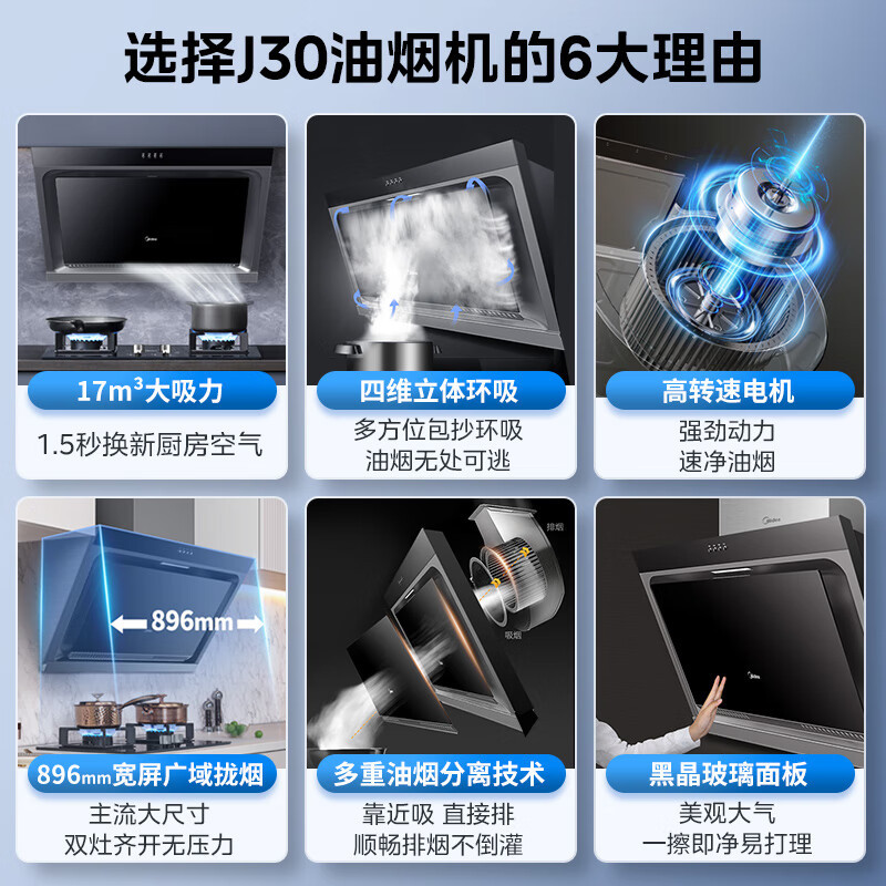 美的(Midea)抽油烟机燃气灶烟灶套装侧吸式吸油烟机大吸力896mm宽屏拢吸4.8kW猛火灶台J30+Q217B天然气