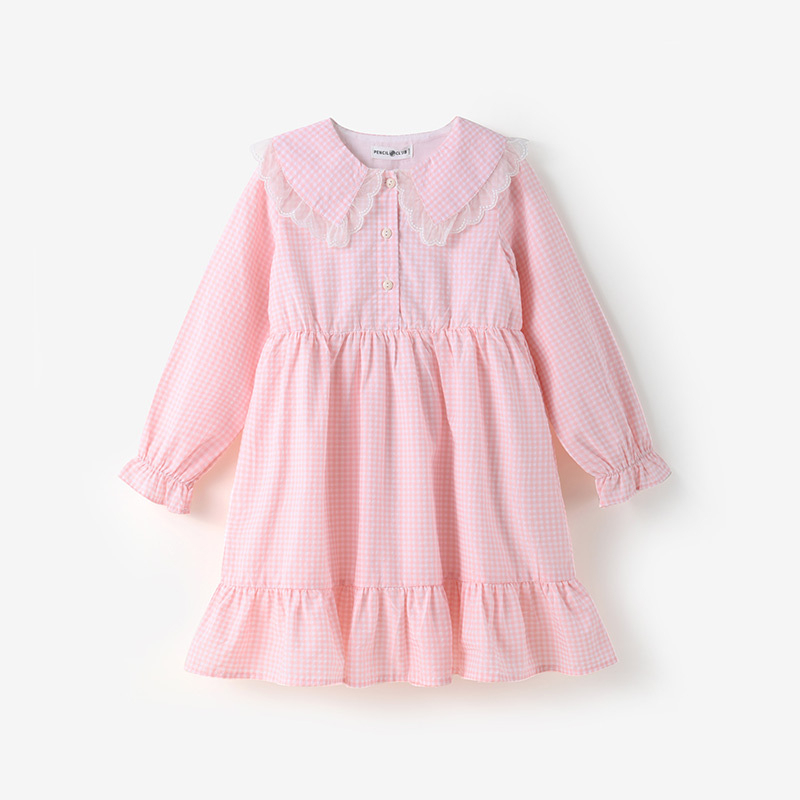 铅笔俱乐部童装2024春装新款女童连衣裙儿童格子裙大童小清新裙子 120cm 珍珠粉