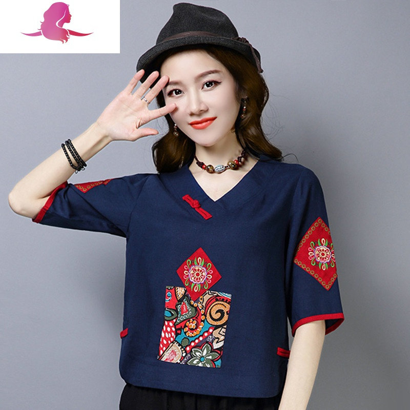 艳如飞民族风夏装复古大码女装宽松短袖民族风v领刺绣短款棉麻t恤上衣