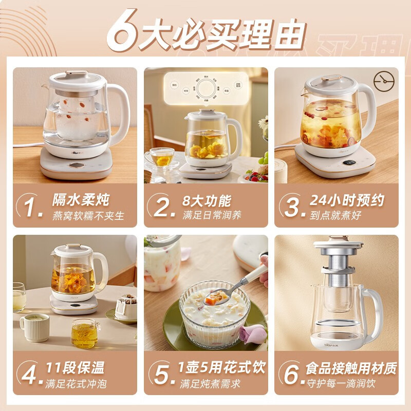 小熊(Bear)YSH-E15Q2炖燕窝杯养生壶 隔水炖玻璃炖盅1.5L +0.3L炖盅+304滤网高清大图