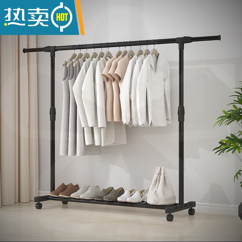 敬平简易晾衣架落地卧室小型凉挂衣架子家用宿舍室内折叠收纳晒架杆子 新款伸缩68长好使款+轮子1个高清大图