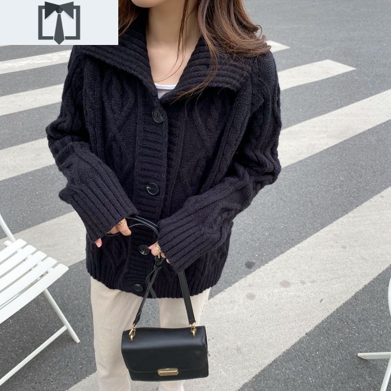 suntek复古麻花高领毛衣开衫女宽松外穿港风慵懒风针织外套新年红色