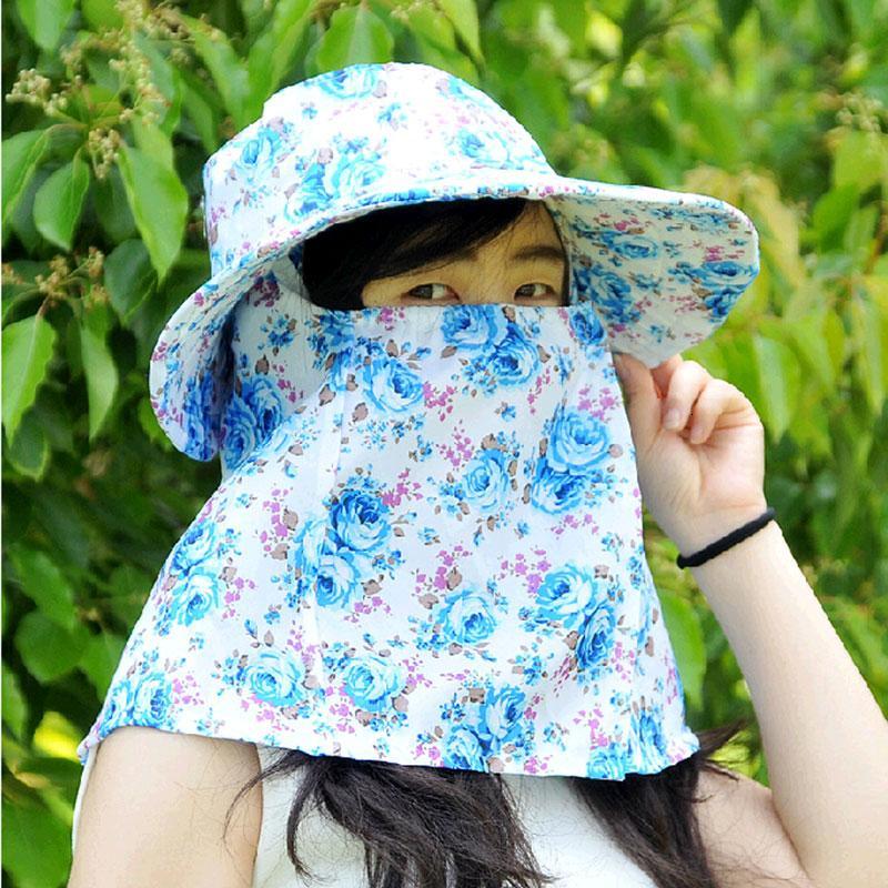 普润 户外防遮阳帽采茶帽玫瑰花图案新奇特大檐 蓝色
