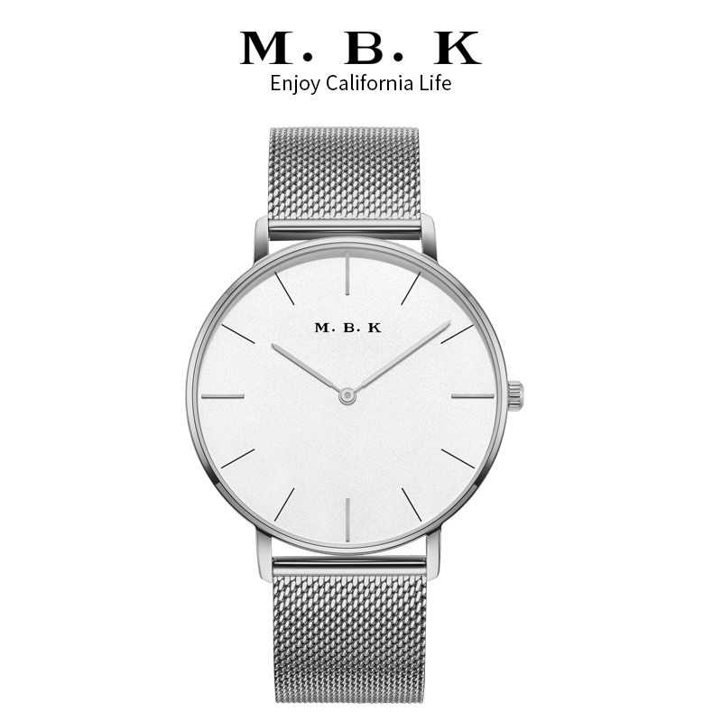 M.B.K欧美品牌女士潮流轻奢石英表 女表时尚小众ins风简约时尚防水两针手表男表新款3001L-1 本色白面钢带男款