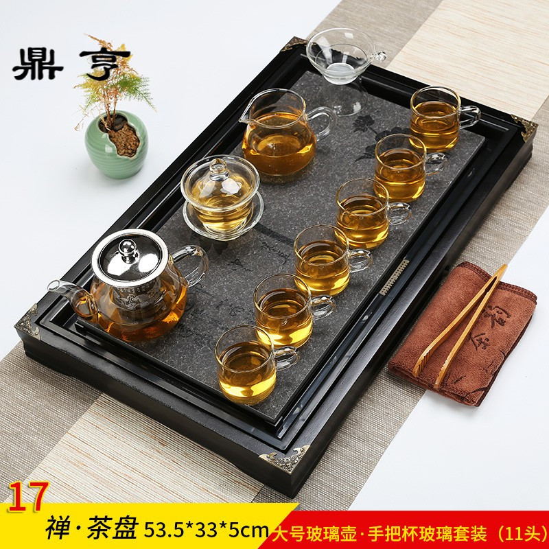 鼎亨玻璃功夫茶具套装整套特价实木茶盘蓄水盘家用办公简约抽屉式