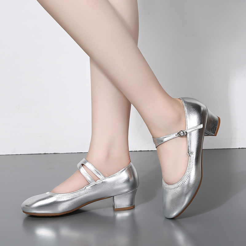 跳广场鞋夏天穿红色舞蹈鞋女粗跟真皮软底牛筋底跳舞鞋女四季