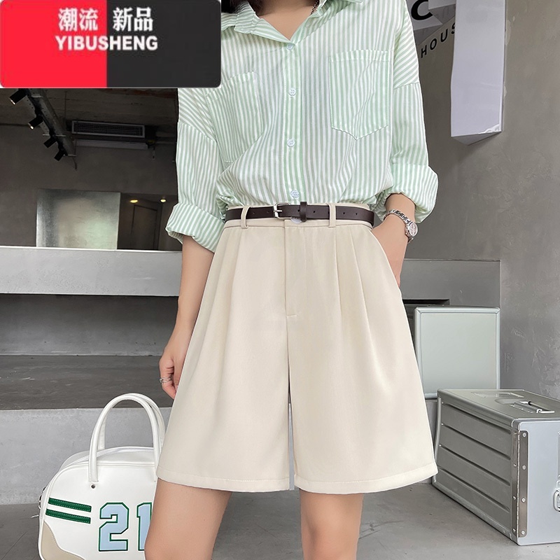 YIBUSHENG卡其色西装短裤女季薄款高腰显瘦宽松直筒休闲中裤阔腿五分裤子高清大图