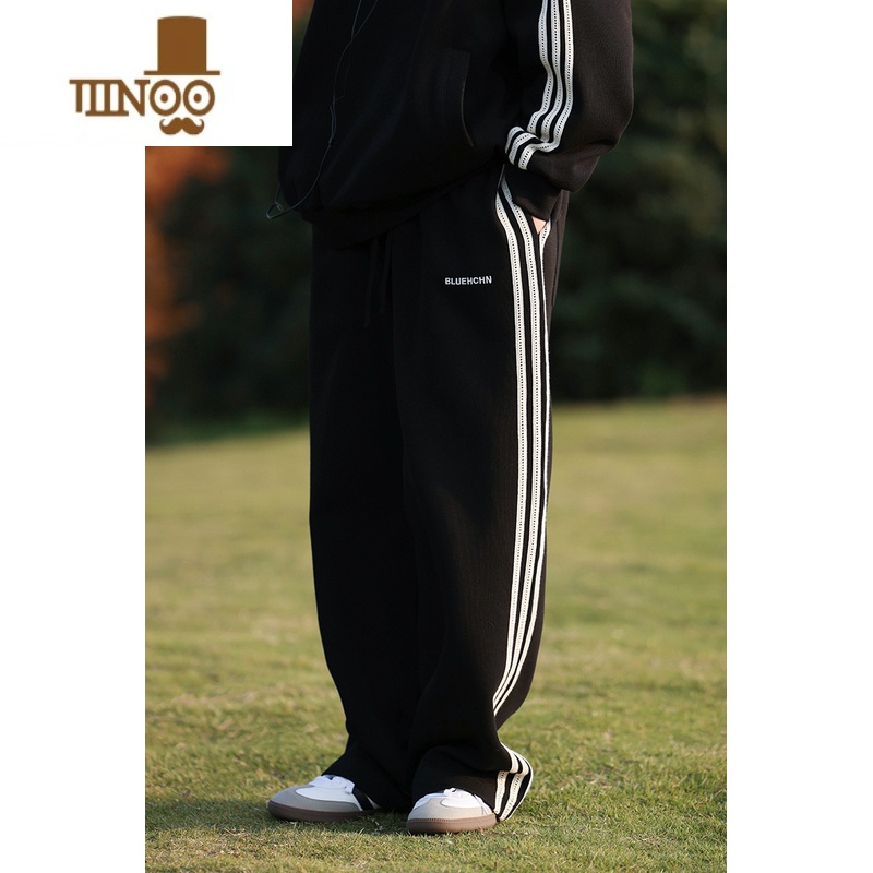 YANXU直筒运动裤男女宽松夏季百搭日系条纹卫裤复古潮牌三条杠休闲长裤高清大图