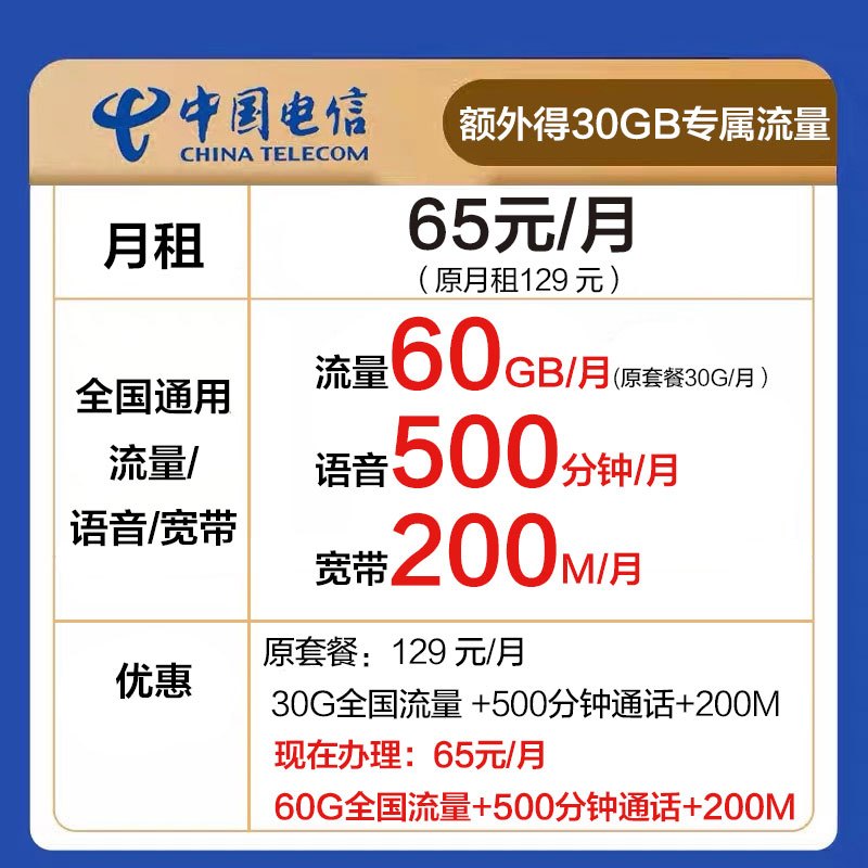 中国电信65元60GB+500分钟+200M宽带融合套餐电话卡流量卡号卡大流量