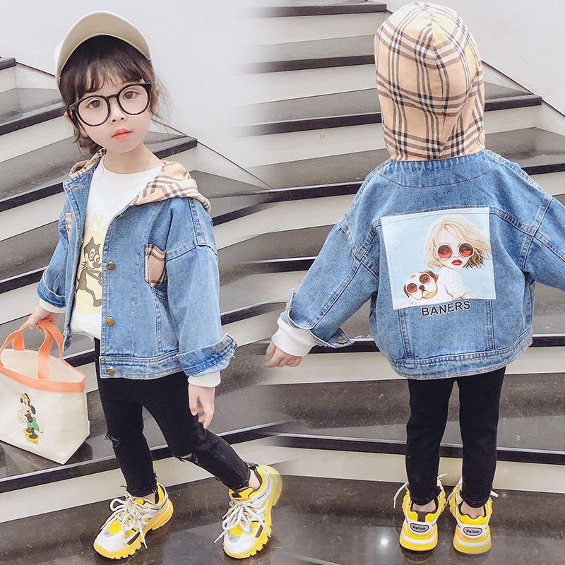 女童牛仔外套2021春秋装新款韩版女孩洋气夹克衫婴幼儿纯色百搭潮 格子连帽牛仔外套 [蓝色] 90码建议身高90cm左右