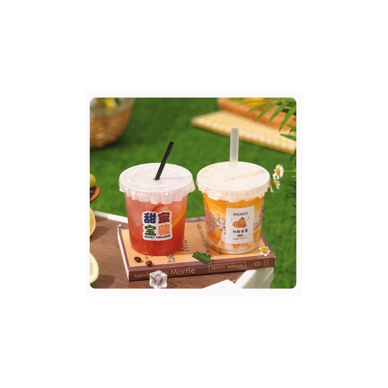 一次性奶茶杯 小熊贴纸杯+盖+粗吸管+防漏纸 500ml 100个/件