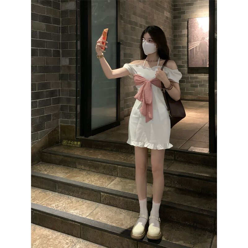 SEOUL又奶又欲~甜美洋气法式复古泡泡袖设计感荷叶边蝴蝶结连衣裙 白拼粉 S