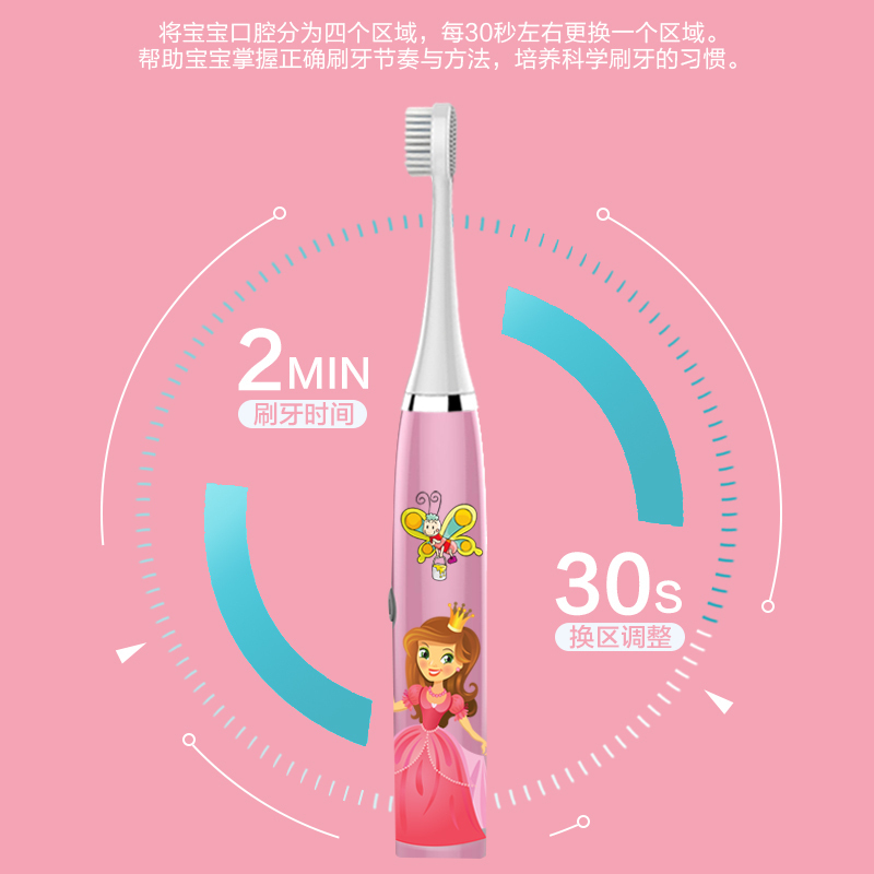worms儿童电动牙刷3-6-15岁以上小孩宝宝软毛全自动声波刷牙 小牛粉一档位电池款配(3刷头+5号干电池)