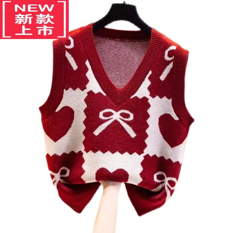 可莉允女童马甲针织背心春秋新款v领无袖套头红色毛衣宝宝马夹中大童潮图片