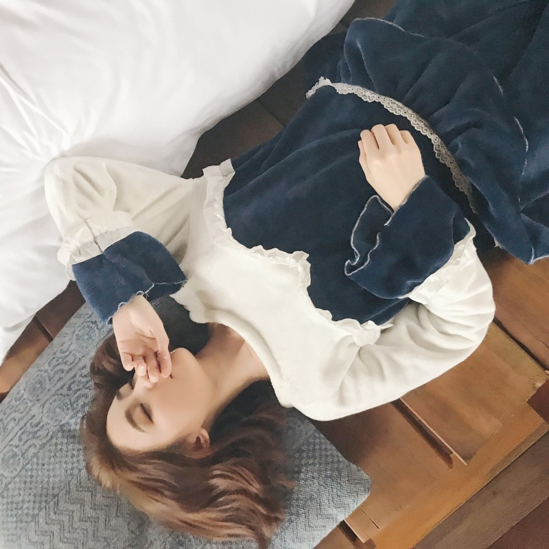 冬季新款韩版法兰绒女睡衣套装 舒适接拼色保暖花边公主风家居服