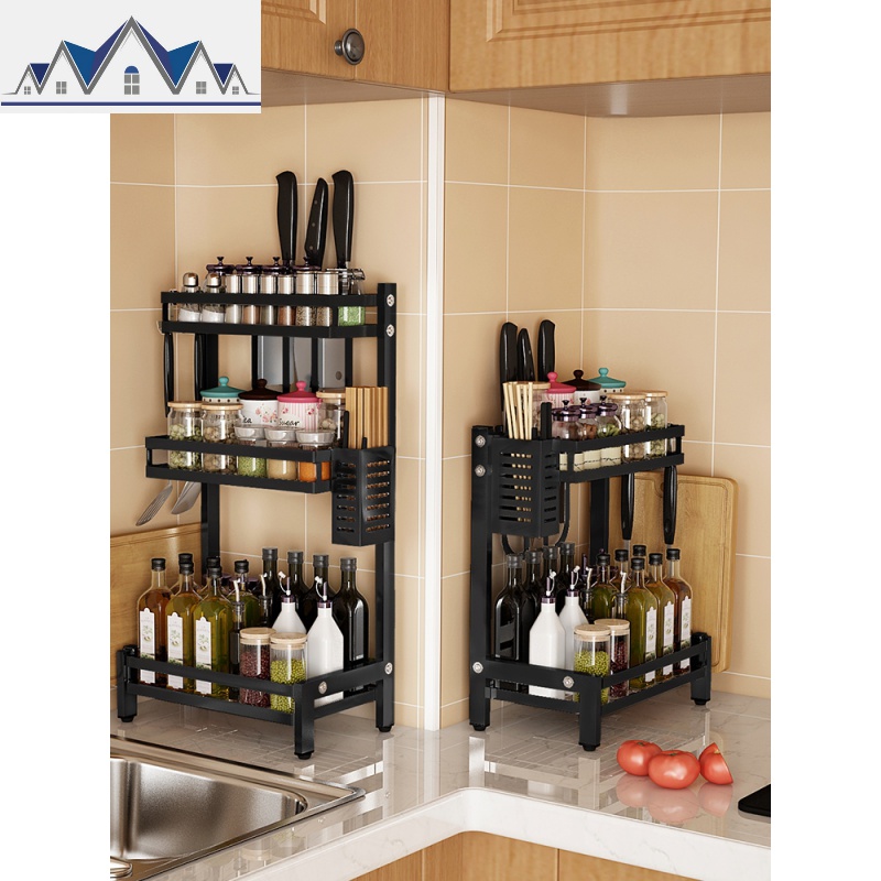 不锈钢厨房置物架黑色调味料储物砧板菜板架家用厨具用品收纳刀架_3_202高清大图